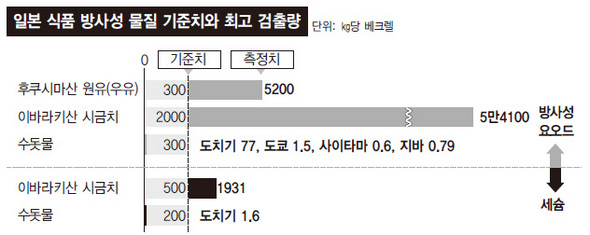 일본 식품 방사성 물질 기준치와 최고 검출량