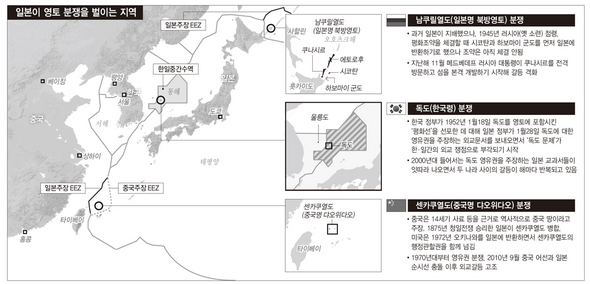 일본이 영토 분쟁을 벌이는 지역 (※ 클릭하시면 더 크게 보실 수 있습니다)