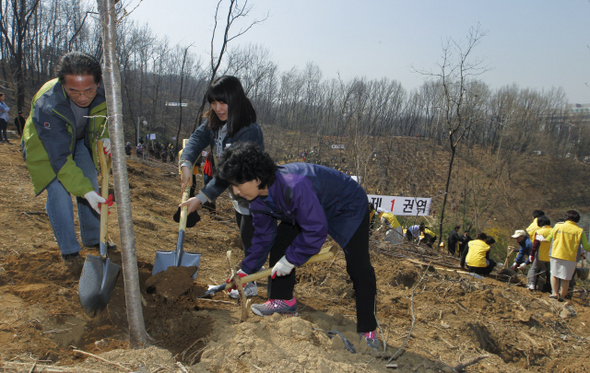 식목일이자 청명인 5일 오전 서울 서초구 반포동 서리풀공원에서 다음달 출산을 앞둔 조유진(27·가운데)씨 가족이 태어날 아기의 건강과 행복을 기원하며 벚나무를 심고 있다. 이날 ‘주민참여 나무심기’ 행사에는 서초구 주민 등 1000여명이 참여해 소나무·벚나무·단풍나무 등 3000그루를 심었다. 김정효 기자 hyopd@hani.co.kr