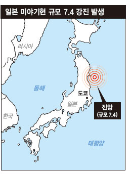 일본 미야기현 규모 7.4 강진 발생