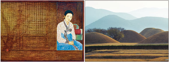 김덕용씨의 신작 ‘결-하루’(왼쪽)는 나무 결을 살린 소나무 판에 단청·자개 기법을 섞어 한국 여인의 하루를 정감있게 담아냈다. 강운구씨의 1984년 작 <능>(오른쪽). 경주 노동동 고분군의 자연스런 곡선과 배경 산들이 어울려 수채화 같은 풍경을 만들어냈다.   사진 갤러리현대, 강운구 제공
