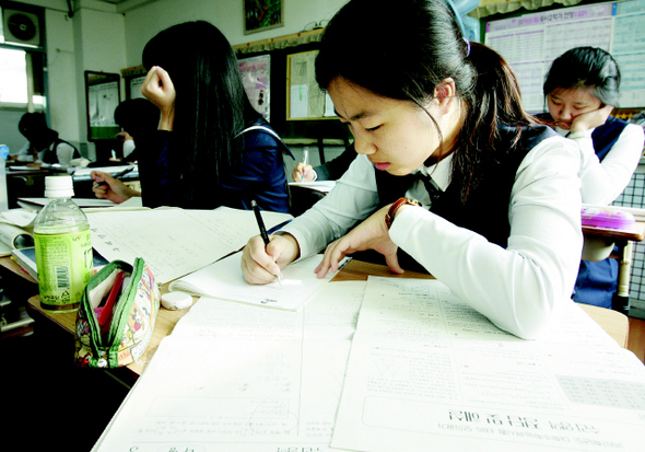 과도한 사교육과 입시에 대비한 문제풀이식 수업이 수학에 대한 흥미를 떨어뜨린다는 지적이다. 한 고등학생이 수리영역을 풀고 있는 모습. 김정효 기자 hyopd@hani.co.kr