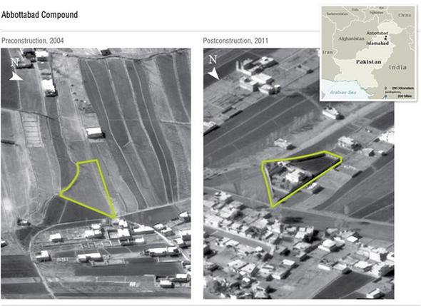 미국 국방부가 2일(현지시각) 오사마 빈라덴이 은거했던 가옥의 건축 전과 후를 비교한 항공사진을 공개했다. 왼쪽이 가옥 건축 전인 2004년 모습이고, 오른쪽이 건축 후인 2011년 모습이다. 가운데 마름모꼴 안의 가옥이 빈라덴이 은거했던 곳이다.  미 국방부 제공