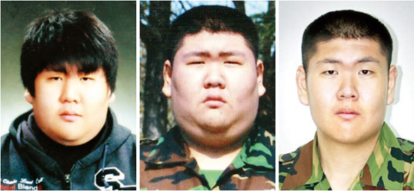 김지영 상병의 입대 전, 훈련소, 현재 모습(왼쪽부터). 2009년 신체검사 때 125㎏이었던 김 상병의 체중은 지난해 입대 당시 160㎏까지 늘었다가 지속적인 전투훈련 끝에 최근엔 108㎏까지 줄어들었다.