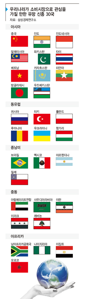 우리나라가 소비시장으로 관심을 가질 만한 유망 신흥 30국. 자료:삼성경제연구소