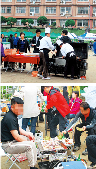 경기도 군포시 공무원들이 지난 21일 오전 경기도 군포 ㄷ초등학교 운동장에서 체육대회를 열면서 학생들이 수업하는데도 공무원들이 고기를 굽고 술판을 벌이고 있다.   군포 ㄷ초등학교 학부모 제공