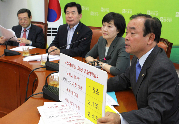 장병완 민주당 제4정조위원장이 29일 오전 국회 원내대표실에서 기자 간담회를 열어, 추경예산 재원 조달 방법이 적힌 팻말을 들고 추경편성을 주장하고 있다. 장의원 옆으로 박영선 정책위의장, 김진표 원내대표, 이용섭 대변인(오른쪽부터)이 앉아 있다. 탁기형 선임기자 khtak@hani.co.kr