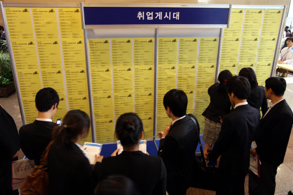 &raquo; 2009년 5월15일 서울 여의도 중소기업중앙회에서 열린 우수 중소기업 채용박람회에서 구직자들이 취업게시대에 붙은 취업공고를 살펴보고 있다. 한겨레 김태형 