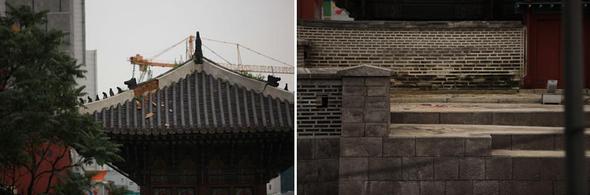 지난 27일 서울지역에 내린 폭우로 흥인지문 용마루와 연결되는 내림마루가 파손돼 있다(왼쪽). 오른쪽 사진은 파손된 잔해가 바닥에 방치돼 있는 모습. (※이미지를 클릭하면 크게 볼 수 있습니다)