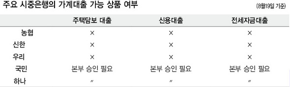 주요 시중은행의 가계대출 가능 상품 여부