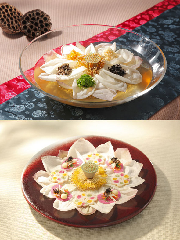 칼국수(위), 연과채(아래). 자료 제공 : 사찰음식 전문점 고상