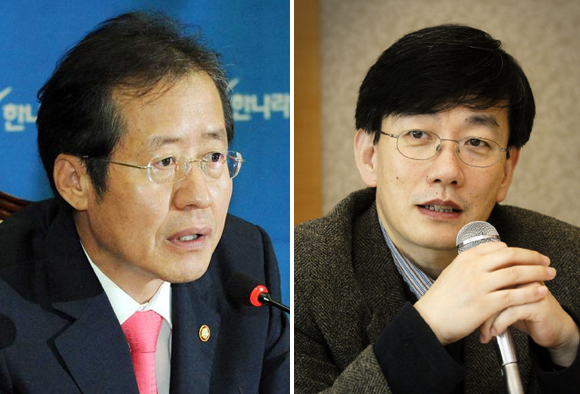 왼쪽부터 홍준표 한나라당 대표, 손석희 성신여대 교수.
