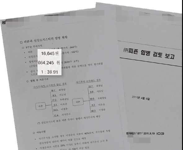 &raquo; 이윤재 피죤 회장은 자신과 두 자녀, 외손자가 소유하고 있는 비상장 물류회사에 일감을 몰아줘 기업가치를 키운 뒤, 피죤과 합병하고 상장시켜 막대한 자본이득과 함께 세금없는 경영권 세습을 도모했다. 이 회장의 지시로 한 회계법인이 지난 4월 피죤과 선일로지스틱의 합병을 검토한 보고서다. 자본금이 10억원에 불과한 선일의 1주당 가격이 모기업인 피죤의 40배에 가깝게 평가된 것을 확인할 수 있다.
