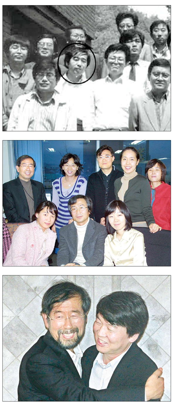 1990년 민주사회를 위한 변호사모임(민변) 총회 뒤 참석자들과 함께한 사진. 동그라미 친 사람이 박원순 후보다.(맨위 사진) 2006년 3월 희망제작소의 정식 출범을 준비하며 박원순 변호사와 직원들이 함께 모였다.(두번째) 박원순 변호사가 지난달 6일 서울 세종로 광화문 아띠 수피아홀에서 자신에게 서울시장 출마를 양보하며 불출마를 선언한 안철수 서울대 융합과학기술대학원장을 끌어안고 있다. <한겨레> 자료사진
이정우 선임기자 woo@hani.co.kr