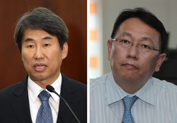 왼쪽부터 신재민(53) 전 문화체육관광부 차관, 이국철(49) 에스엘에스(SLS)그룹 회장.