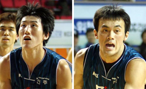 프로농구 케이씨씨(KCC) 정민수(23·192㎝·왼쪽)와 김태홍(23·193㎝·오른쪽) 
