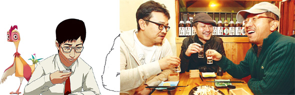 오성윤 감독은 “같이 행복하게 잘 살자고 제안하는 것이 영화가 아닌가”라고 말하더니, “(20여년간) 극장용 장편 애니 한편 만들어놓고 이런 얘기를 참…”이라며 웃었다. 연상호 감독은 “한국도 애니에 10년 뒤를 내다보는 장기적인 투자를 해야한다”고 했다. <돼지의 왕>의 연상호 감독, <마당을 나온 암탉>의 오성윤 감독, 임범 대중문화평론가(왼쪽부터)가 선술집에서 이야기를 나누는 모습.