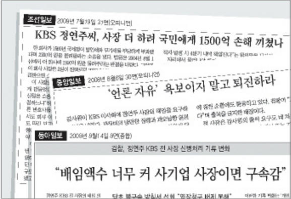 조·중·동 등 보수신문은 2008년 기사와 칼럼을 통해 정연주 전 <한국방송> 사장의 배임을 기정사실화하거나 의혹을 부추겼다. 당시 정 전 사장의 배임 의혹을 다룬 보수신문의 보도들.
