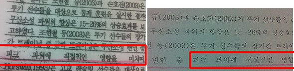 왼쪽 사진은 동아대 교수의 논문 3쪽. 오른쪽 사진은 김백수씨의 박사학위 논문 85쪽. 띄어쓰기가 과도하게 된 문장이 똑같이 나타난다.