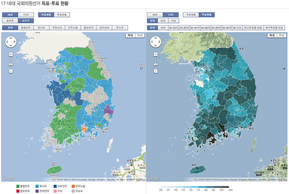 17·18대 국회의원선거 관련 대용량 데이터를 인터랙티브 형태로 시각화한 데이터 지도. 사용자는 다양한 형태의 데이터를 위치공간 데이터와 상호 연동해 빠르고 직관적으로 탐색하고 원하는 정보를 얻을 수 있다. 자료 제공 : 연합뉴스 미디어랩 