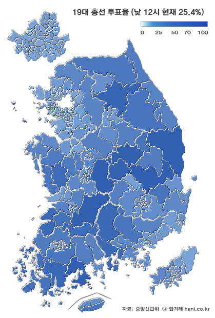 낮 12시 현재 전국 지역별 투표율