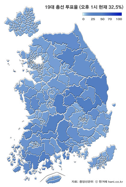 오후 1시 지역별 투표율