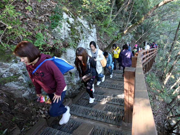 충북 괴산군이 농촌마을 개발사업의 하나로 복원한 산막이 옛길에 관광객들의 발길이 잇따르고 있다. 괴산군청 제공