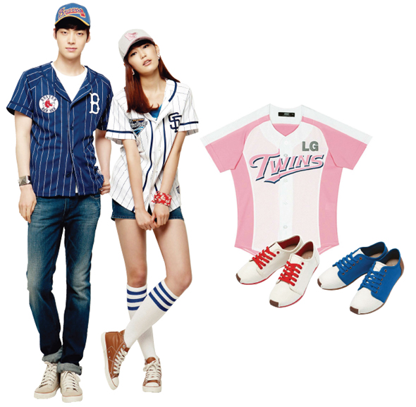 엠엘비(MLB)에서 이번 여름 내놓은 야구 패션 아이템.(왼쪽) 엘지 트윈스의 여성용 유니폼(오른쪽 위) 스코노코리아가 내놓은 야구 신발 디자인의 ‘노아 클래식 치어풀’(오른쪽 아래)