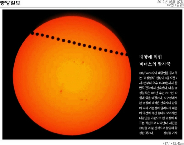 중앙일보 2면. 지구에서 찍었다면 저런 궤적이 눈에 보일 수가 없다.