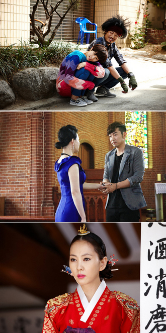 위부터 <미안하다, 사랑한다>(2004·KBS2)를 패러디한 <넝쿨째 굴러온 당신> 조윤희·이희준, 영화 <약속>(1998)을 따라한 <신품>의 이종혁, 사극 <여인천하>(2001·SBS)의 중전이 된 <넝쿨당>의 김남주.   에스비에스·한국방송2 제공