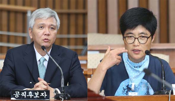 <김진숙씨 “김 후보자 대법관 안됐으면”> 김신 대법관 후보자가 12일 오전 국회에서 열린 인사청문회에서 의원들의 질의에 답하고 있다.(왼쪽사진) 이날 오후 증인으로 출석한 김진숙 민주노총 부산본부 지도위원은 “김 후보자가 대법관이 되지 않았으면 좋겠다”고 말했다. 김 후보자는 지난해 김 지도위원의 한진중공업 크레인 고공농성 당시 하루 100만원의 이행강제금을 부과한 바 있다. 강창광 기자 chang@hani.co.kr