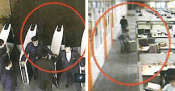  지난해 3월24일 삼성전자 수원사업장을 찾은 공정거래위원회 조사관들을 건물 보안을 맡은 에스원 직원들이 출입구에서 막고 있다(왼쪽 사진). 같은 시간 삼성전자 무선사업부 직원들이 관련 자료를 폐기하는 장면이 폐쇄회로텔레비전에 잡혔다. 공정거래위원회 제공