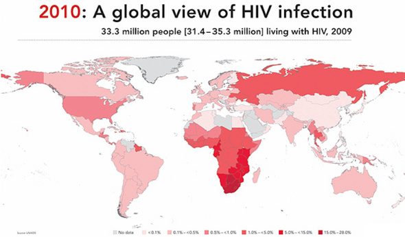 전세계 HIV 감염 지도. 출처/ UNAIDS Report on the Global AIDS Epidemic 2010