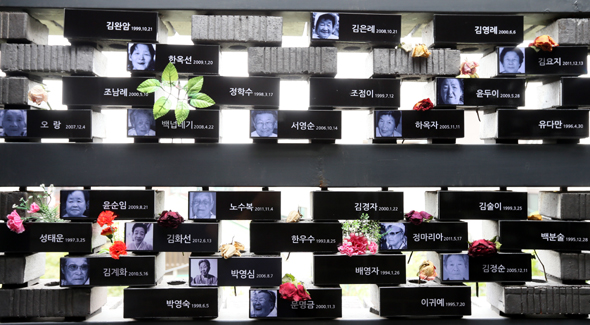 서울 마포구 성산동 ‘전쟁과 여성인권 박물관’에 마련된 일본군 위안부 피해자 할머니들의 추모관에 지난 14일 오후 방문객들이 놓고 간 꽃이 놓여 있다. 김태형 기자 <A href="mailto:xogud555@hani.co.kr">xogud555@hani.co.kr</A>