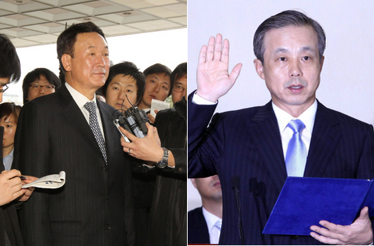 안씨 증언에 등장하는 전·현 국세청장 한상률 전 국세청장은 경북 의성 출신의 안원구 전 서울지방국세청 세원관리국장을 끌어들여 자신의 연임을 시도했다. 이후 두 사람 모두 각종 의혹에 시달렸으나, 안 전 국장이 구속과 함께 2년 징역형을 선고받은 반면, 한 전 청장은 불구속 기소에 이어 무죄 판결을 받았다. 지난해 2월28일 검찰 소환 조사를 받기 위해 서울 서초동 서울지검에 나온 한 전 청장이 기자들의 질문을 받고 있다.(왼쪽) 이현동 국세청장이 지
