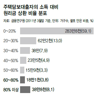 주택담보대출자의 연소득 대비 원리금 상환액 비율 분포