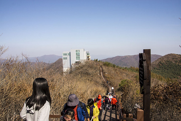 능동산에서 천황산으로 가는 등산로 위에 설치된 목재 데크