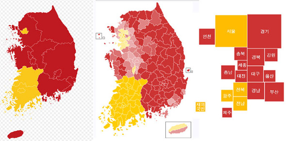 선거 결과를 보도하는 시각 자료의 대체적인 양식들. 맨 왼쪽은 광역별로 1위를 차지한 후보의 색깔을 표시하는 방법을 썼으며, 가운데 지도는 선거구별로 1위를 차지한 후보의 색깔을 득표율에 따라 다르게 적용해 사용했다. 맨 오른쪽은 광역별로 1위를 차지한 후보의 색깔을 인구 비례로 표시했다. 출처 / ko.wikipedia.org