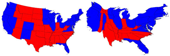 미국 대선에서 공화당 후보 롬니가 승리한 주는 붉은색으로, 민주당 후보 오바마가 승리한 주는 파란색으로 표시했다. 왼쪽 지도를 보면 민주당 후보의 승리를 알기 힘들다. 오른쪽 지도는 인구비례로 다시 그린 선거결과 지도이다. 출처/ Mark Newman