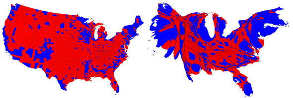 주보다 더 작은 선거구별로 민주당과 공화당 후보의 승리 지역을 표시한 지도. 왼쪽은 지리적 면적에 따라 그린 통상의 지도이며 오른쪽은 인구비례에 따라 그린 것이다. 출처/ Mark Newman