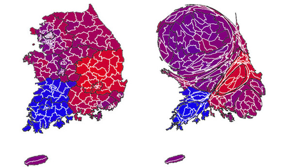 후보별로 득표 우세 지역을 표시한 기존 방식의 지도(왼쪽)와, 그런 득표 정보를 인구 비례로 표시한 지도. 출처/ 김범준 교수 연구실