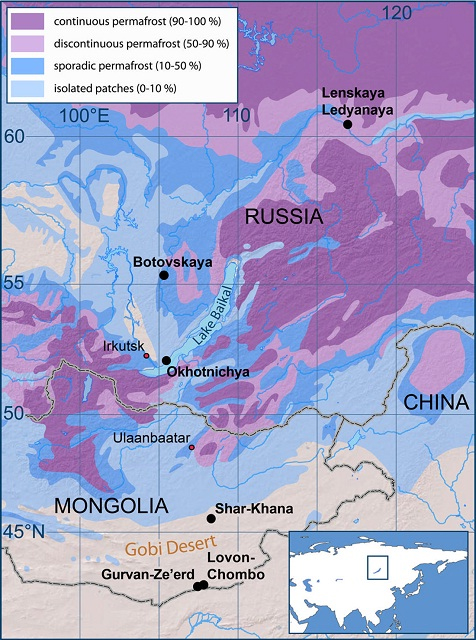 조사 대상 동굴의 위치(검은 점). 보라색으로 갈수록 결빙기간이 긴 영구동토를 가리킨다. 그림=안톤 박스 외,