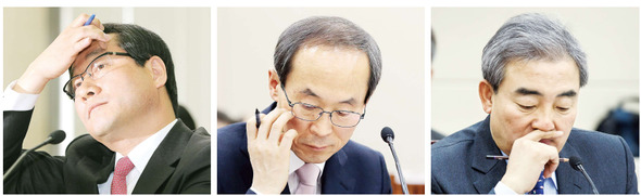 유정복 안전행정부 장관 후보자(왼쪽 사진부터), 윤성규 환경부 장관 후보자, 유진룡 문화체육관광부 장관 후보자가 27일 국회 인사청문회에서 의원들의 질문에 다양한 표정을 짓고 있다. 강창광 기자 chang@hani.co.kr