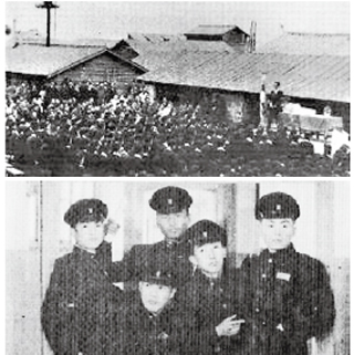 서울예고가 1953년 3월 피난 수도인 부산 영도의 판자집 교무실 앞에서 이화예술고등학교로 첫 개교하는 모습(왼쪽). 초기의 남학생들 모습.