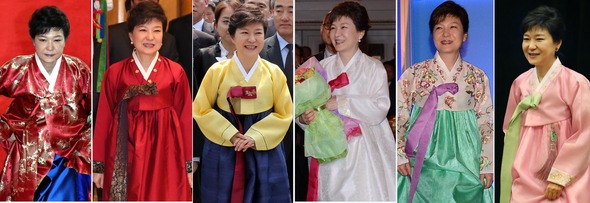 박근혜 대통령 한복패션(취임 후 6번의 한복패션) 왼쪽부터 2월25일 취임식 청와대 입성할 때, 2월25일 취임식 만찬. 5월 4일 숭례문 복구 기념식, 5월6일(한국시간) 미국 뉴욕동포간담회, 5월7일(한국시간)워싱턴 동포간담회, 5월9일(한국시간)LA동포간담회. 워싱턴/강창광 기자 chang@han.co.kr 박근혜 대통령 한복패션(취임 후 6번의 한복패션) 왼쪽부터 2월25일 취임식 청와대 입성할 때, 2월25일 취임식 만찬. 5월 4일 숭례문 복구 기념식, 5월6일(한국시간) 미국 뉴욕동포간담회, 5월7일(한국시간)워싱턴 동포간담회, 5월9일(한국시간)LA동포간담회. 워싱턴/강창광 기자 chang@han.co.kr