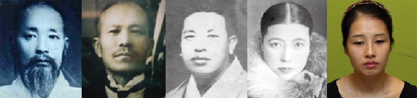 <b>5대 이은 가무악 명문가 사람들</b> 구한말 심정순이 뿌리를 내린 내포제 전통가무악의 전통은 조카인 심상건, 아들과 딸인 심재덕과 심화영, 증손녀 이애리로 이어지면서 빼어난 예인을 키워냈다(왼쪽부터). 연낙재 제공