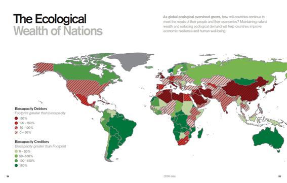 생태 채권국과 채무국. 녹색 계통이 채권국이고 붉은색 계통이 채무국이다. Global Footprint Network 제공.