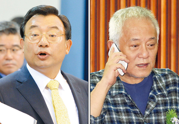 이정현 청와대 홍보수석(왼쪽 사진)이 12일 춘추관 브리핑룸에서 오는 16일 국회에서 박근혜 대통령과 여야 대표가 3자 회담을 열자고 제안한 뒤 그 의미를 설명하고 있다. 같은 날 밤 서울광장에서 노숙투쟁 중인 김한길 민주당 대표가 천막 안 집무실에서 노웅래 비서실장한테서 회담 제안과 관련한 보고를 받으며 생각에 잠겨 있다. 청와대사진기자단, 이정우 선임기자 <A href="mailto:woo@hani.co.kr">woo@hani.co.kr</A>