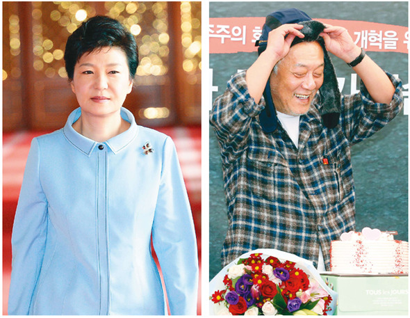 (왼쪽)<b>앞만 보고 직진</b> 앞만 보고 직진 박근혜 대통령이 17일 오전 청와대에서 열린 국무회의를 주재하기 위해 회의장으로 걸어오고 있다. 박 대통령은 이날 회의에서 민주당의 장외투쟁에 강경한 입장을 밝혔다. 청와대사진기자단 
<br>(오른쪽) <b>길에서 맞은 환갑</b> 길에서 맞은 환갑 노숙투쟁 중 환갑을 맞은 김한길 민주당 대표가 17일 오전 서울시청 앞 광장 천막상황실에서 당직자들이 장기농성에 대비하라는 듯 선물한 방한모를 써보며 웃고 있다. 이정우 선임기자 woo@hani.co.kr 
