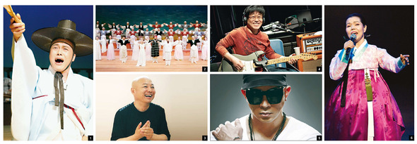 10월11~13일 ‘서울아리랑페스티벌’이 서울 광화문광장 일대에서 열린다. 여러 아티스트와 시민들이 함께하는 축제인 만큼 기대가 크다. 1. 명창 왕기철. 2. 전남대 판소리 합창단. 3. 개막공연 음악감독인 피아니스트 임동창. 4. 김창완밴드. 5. 디제이 쿠(구준엽). 6. 명창 이춘희. 서울아리랑페스티벌 제공(※ 사진을 누르시면 확대됩니다.)